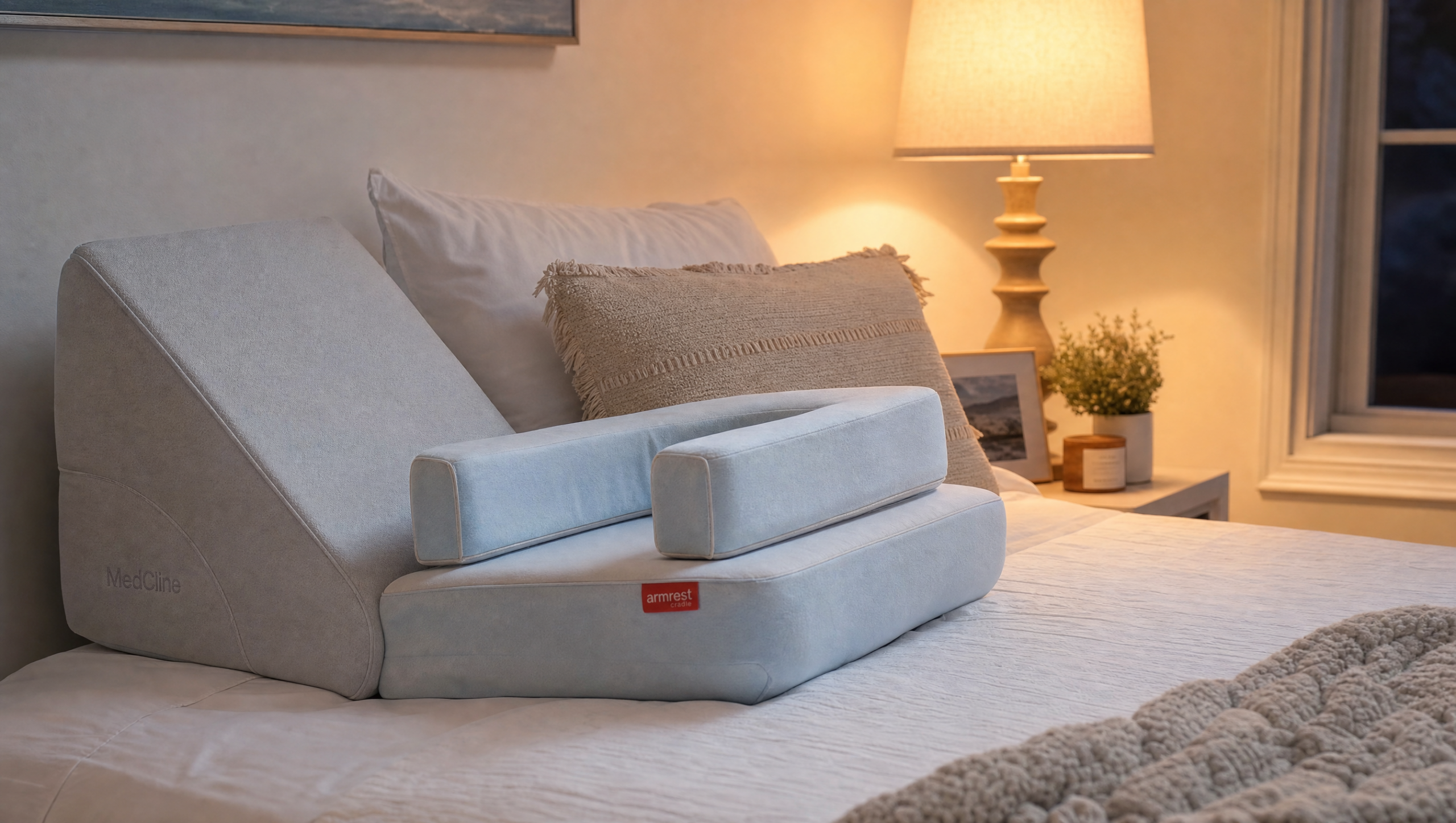 Recovery pillow setup on bed with body-frame firmness chart
